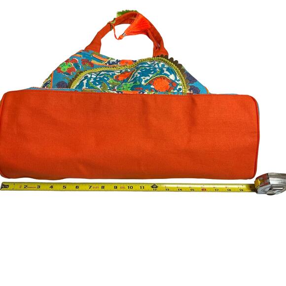 100% Cotton Bohemian Boho Signature Tote Bag in Aqua-Orange L - Picture 7 of 8